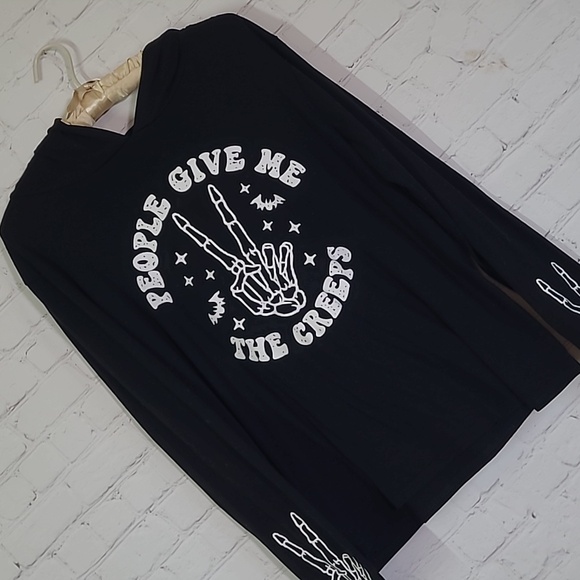 People Give Me The Creeps Skeleton Halloween Hooded Long Sleeve Shirt Womens Med - Picture 8 of 12